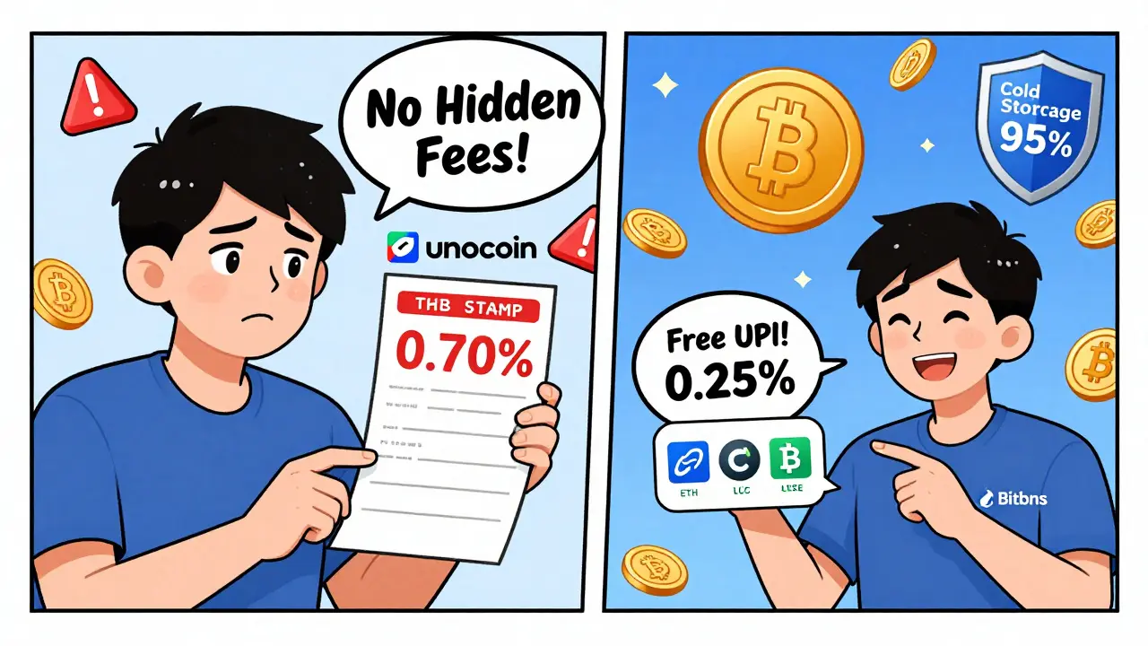 Comparison of high fees on Unocoin vs low 0.25% fees on Bitbns with free withdrawals and rupee coins.