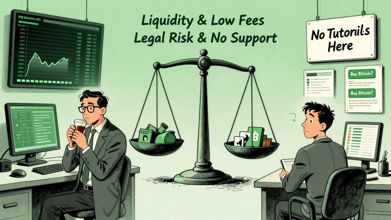 Contrast between a calm professional trader and a confused beginner facing BitMEX's complex interface and risks.