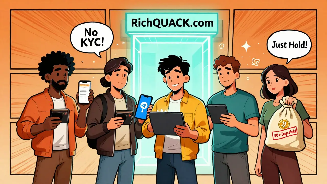 Crypto enthusiasts near a RichQUACK portal, one avoiding a phishing site, another holding tokens with a 30-day stamp.