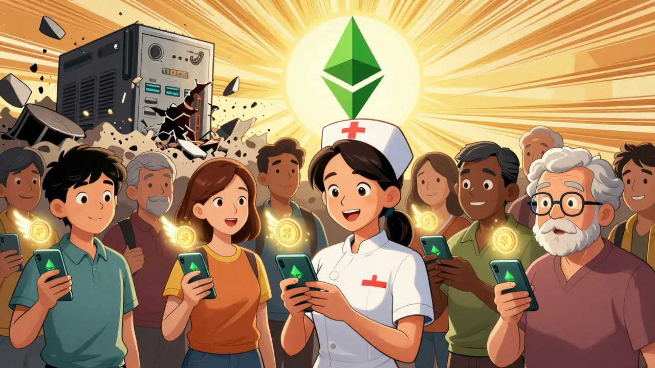 Diverse people staking crypto, with glowing tokens and a collapsing mining rig in background