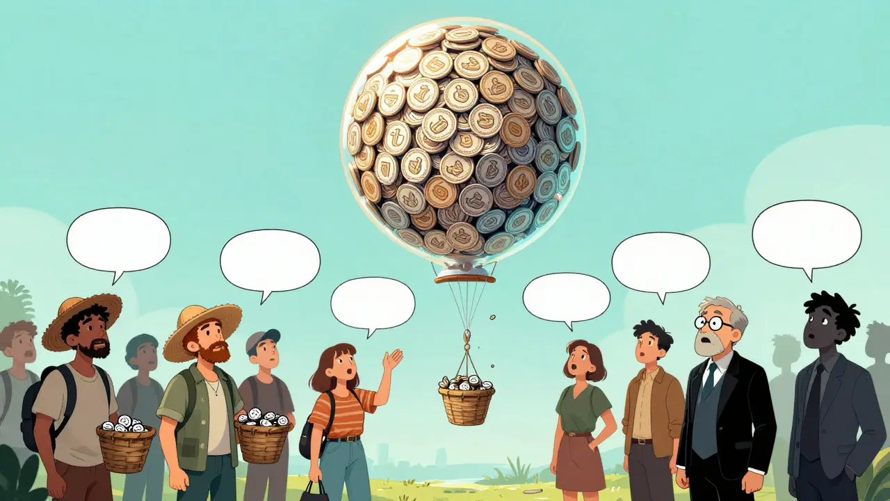 Everyday users catching tokens from a giant airdrop balloon while VCs watch in shock.
