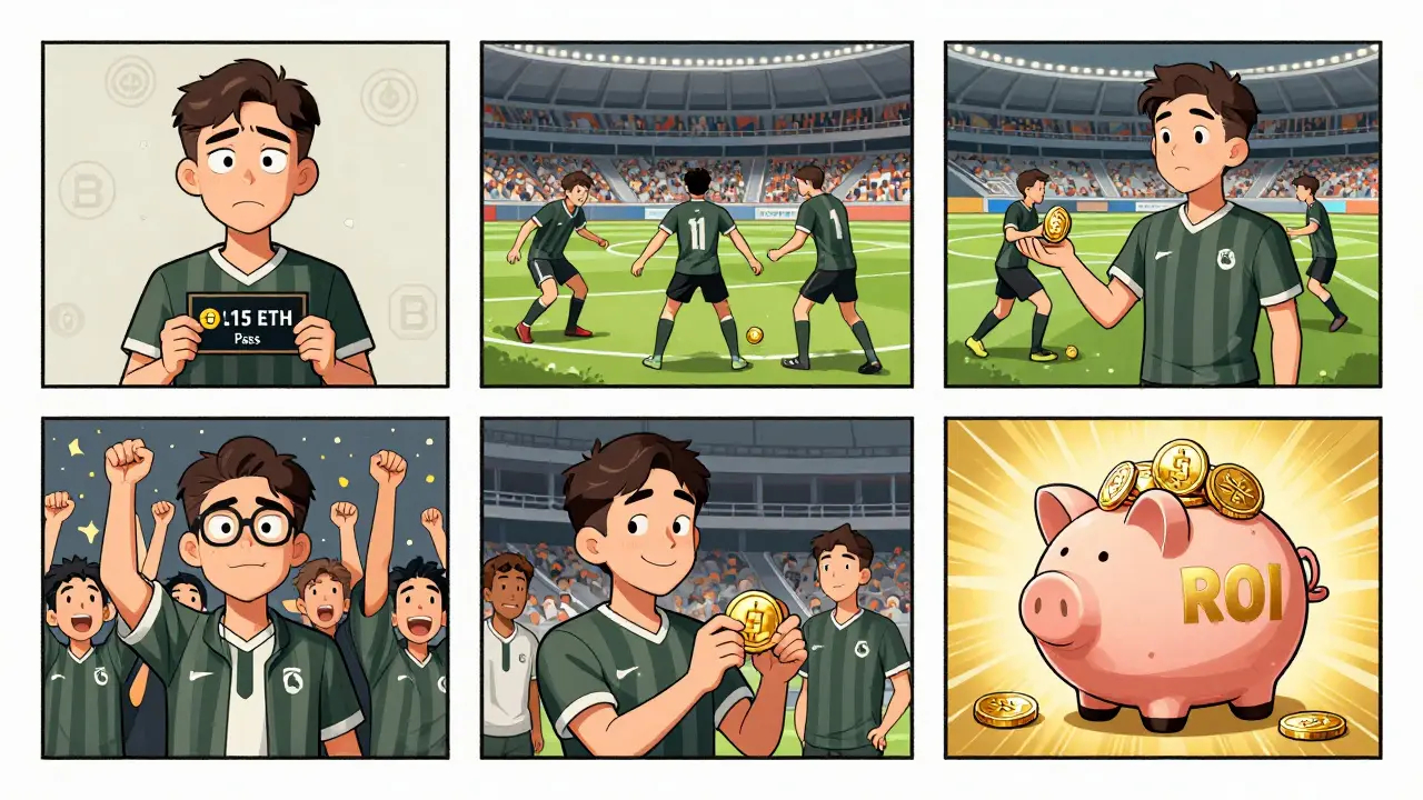 Four-panel comic showing a player's journey from purchase to earning MSU tokens over six months.