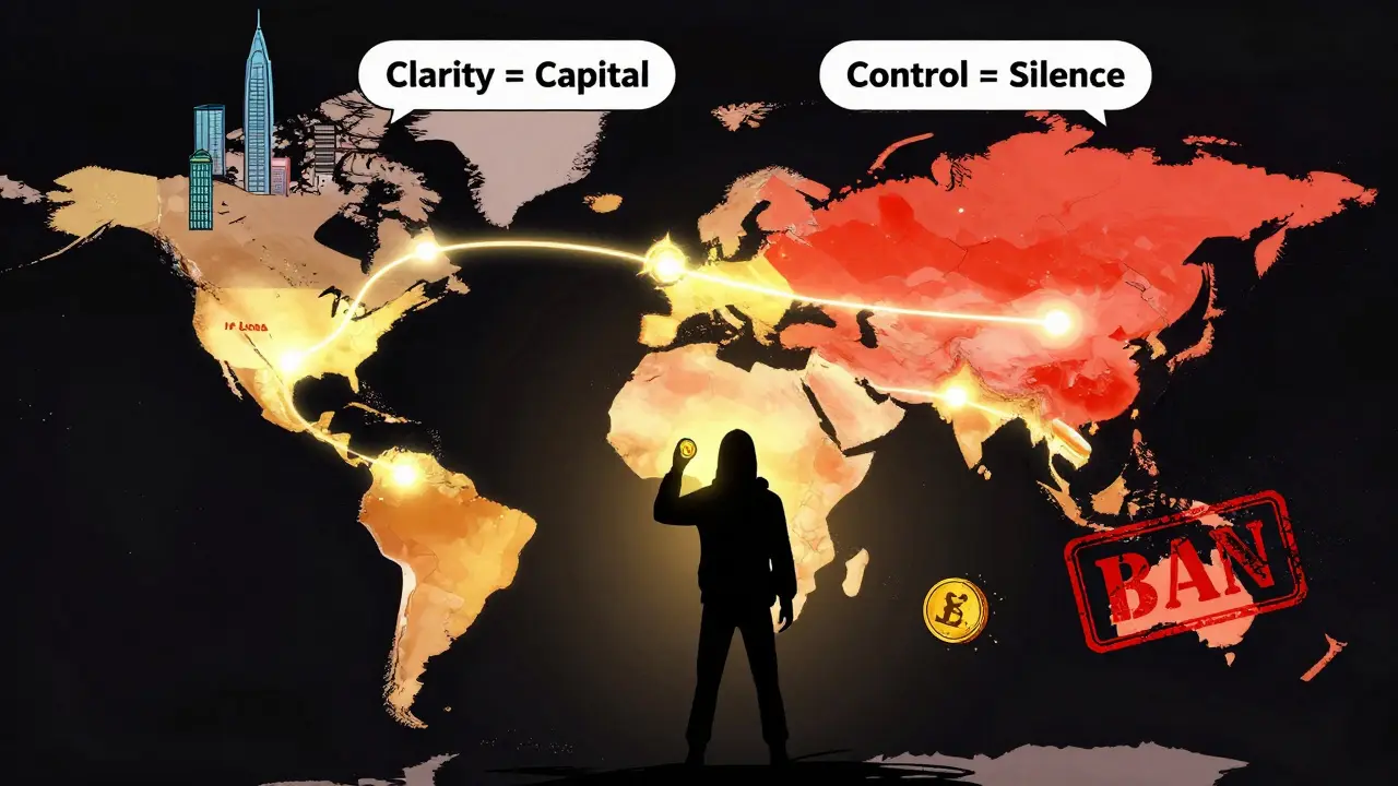 Global map showing compliant crypto hubs glowing while China looms dark with state digital currency, contrasting freedom and control.