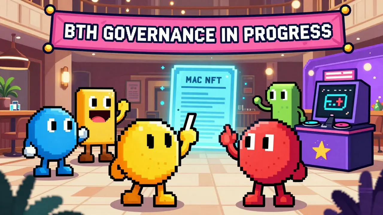 Group of cartoon characters voting on a holographic game proposal in a lively hotel lobby.