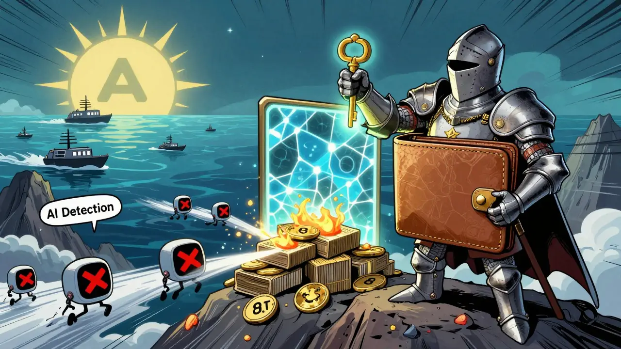 Heroic wallet knight defeating bots with a TRC404 key, burning tokens in the background.