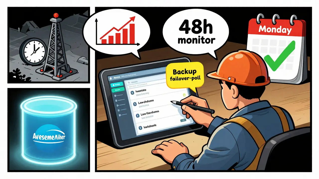 Miner monitoring rigs on a tablet with dashboard alerts and failover pool glowing in background