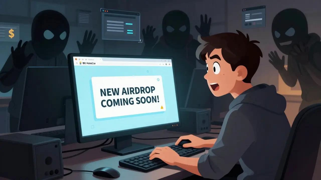 Player excitedly sees an airdrop notification while scammer figures lurk in the background.