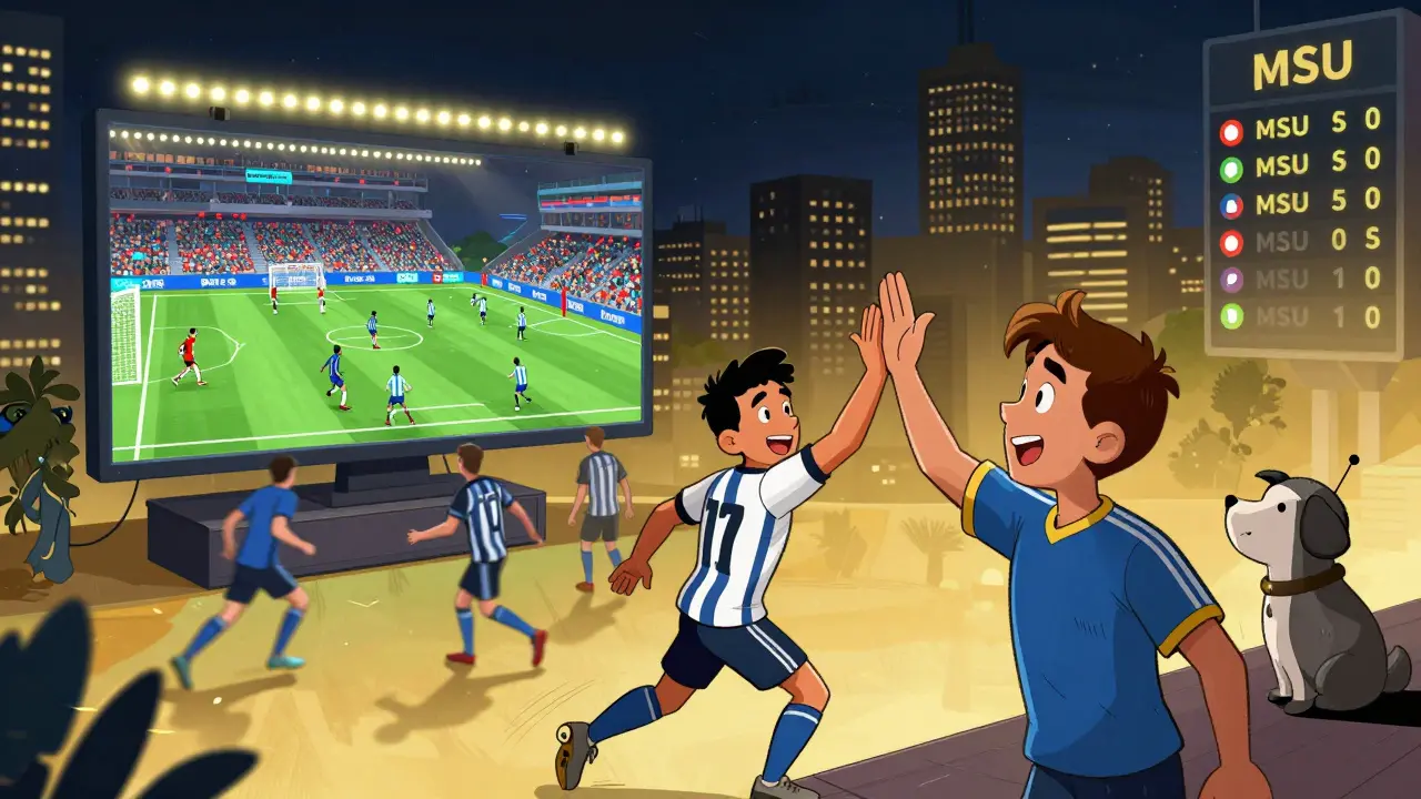 Players managing teams in a glowing digital city with NFT stadiums and earnings displayed.