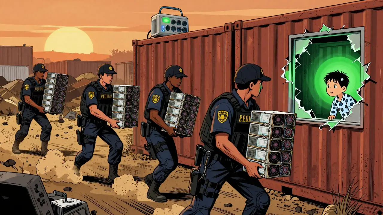 Police seizing mining equipment at dawn as a child watches from a window beside a hospital ventilator.