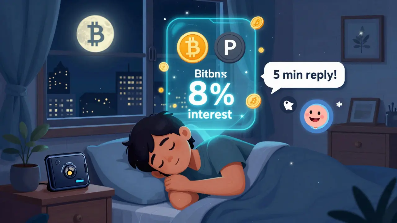Sleeping user with crypto fixed deposit earning interest and 24/7 Telegram support glowing nearby.