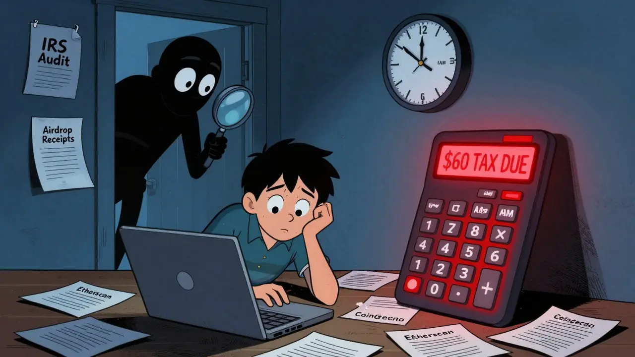 Someone calculates crypto taxes at night surrounded by blockchain data, with an IRS figure watching from the doorway.