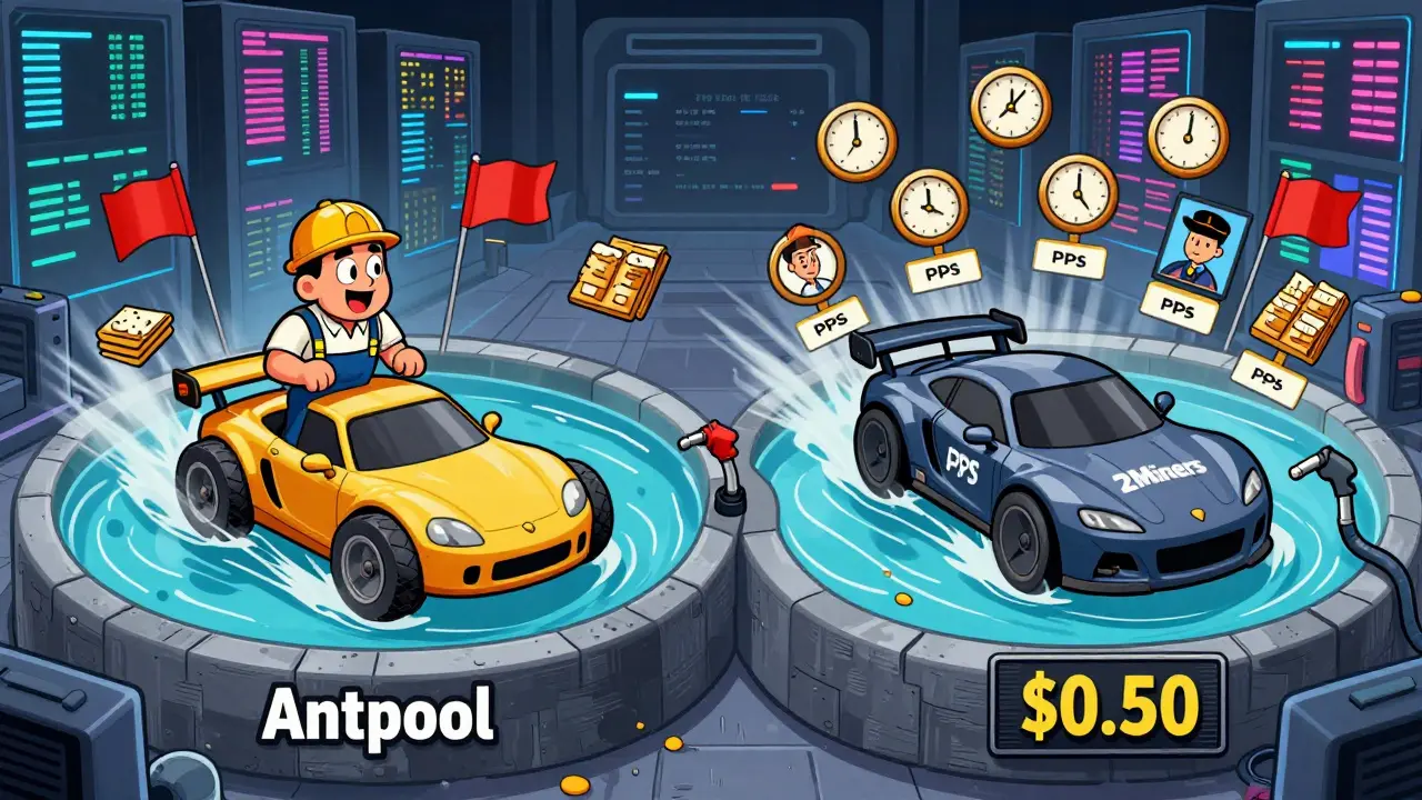 Two cartoon mining pools racing, one with high fees slowing down, the other speeding to a low-minimum payout