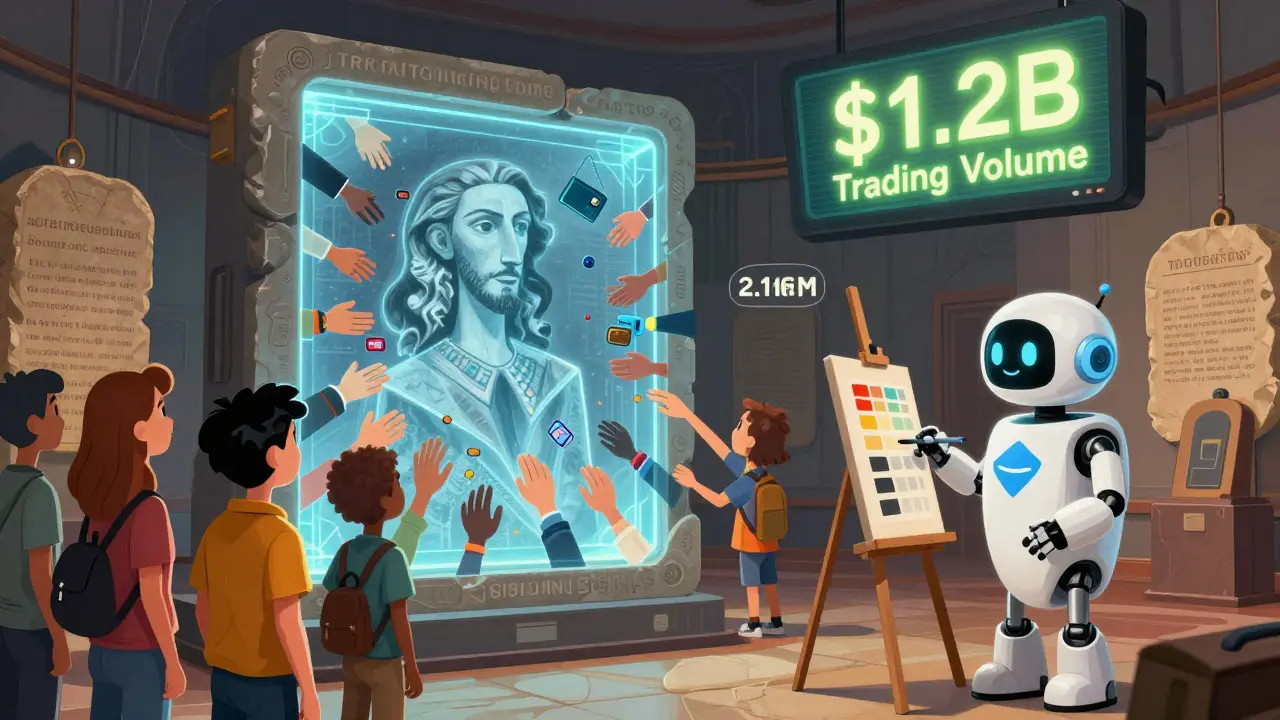 Visitors viewing a fractional Picasso NFT in a futuristic museum with AI assistant nearby.