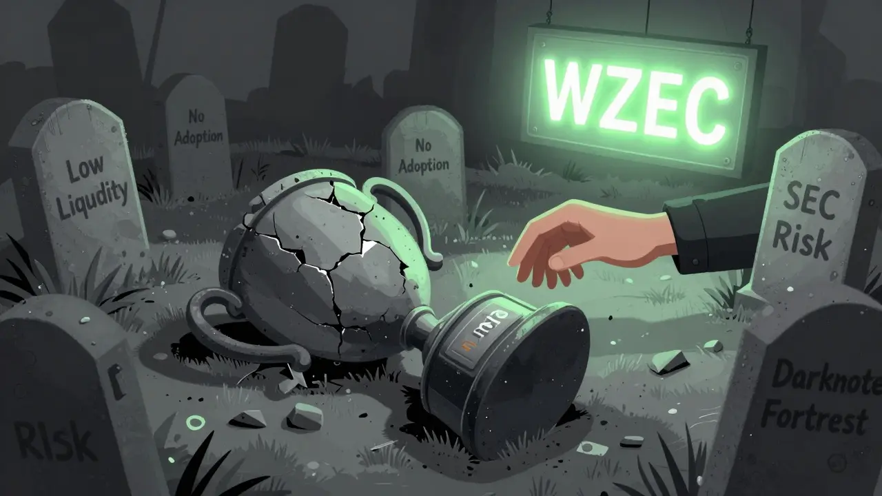 A cracked renZEC trophy in a crypto graveyard, with a glowing wZEC sign shining in the distance, symbolizing abandonment and obsolescence.