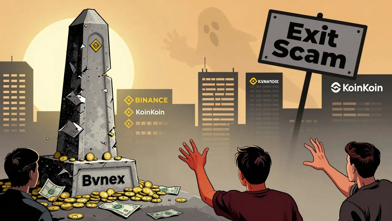A crumbling Bvnex monument crumbles as users reach for vanished funds, while trusted exchanges glow nearby.