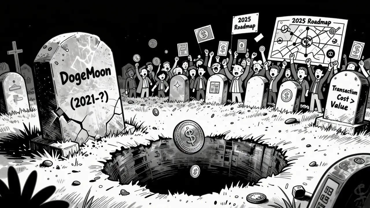 A crypto graveyard with DogeMoon's tombstone as a gas fee coin falls into a cost pit.