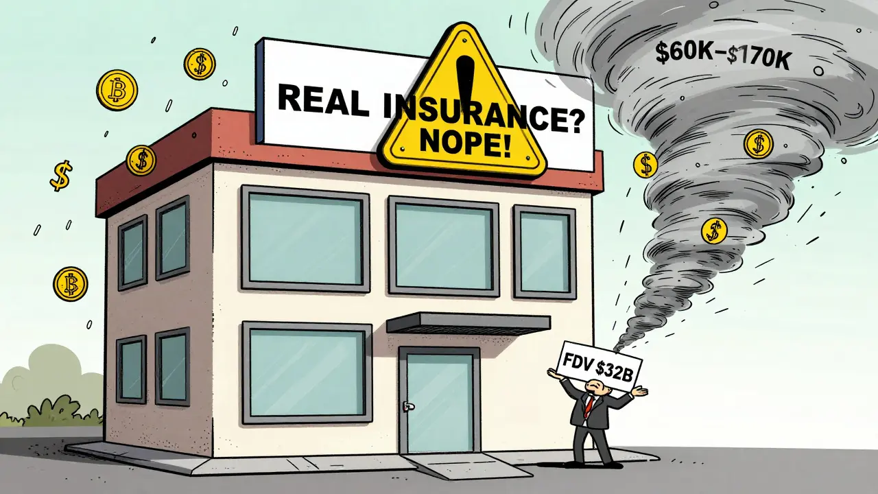 A fake insurance building with a 'NOPE!' sign, raining crypto symbols, while a shrugging figure holds a B sign.