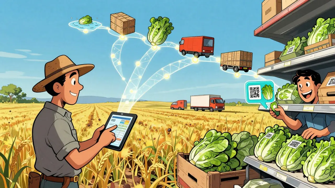 A farmer logs harvest data on a tablet while a glowing digital trail of food transport steps rises into the sky above a supermarket shelf.