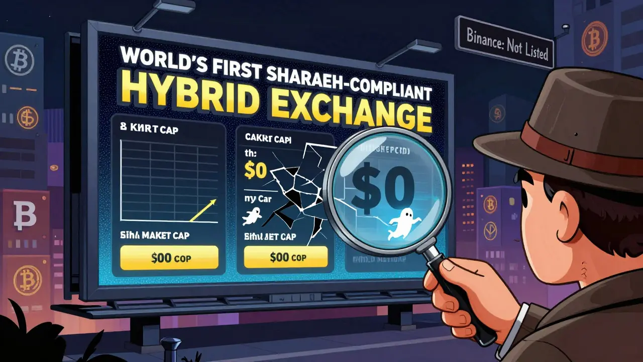 A flashy crypto billboard crumbles under scrutiny, revealing empty promises and a 'Not Listed' warning.