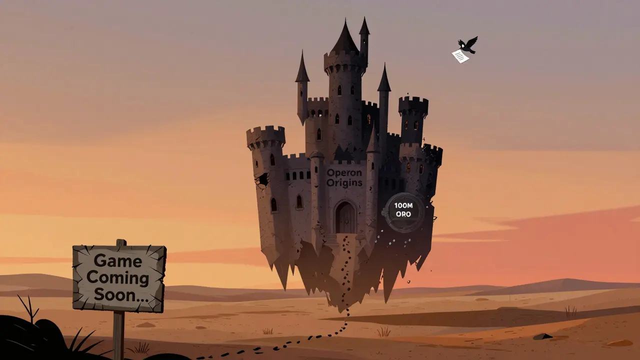 A ghostly castle labeled 'Operon Origins' floats over a desert with a 'Game Coming Soon' sign, no doors, no players, only disappearing footprints.