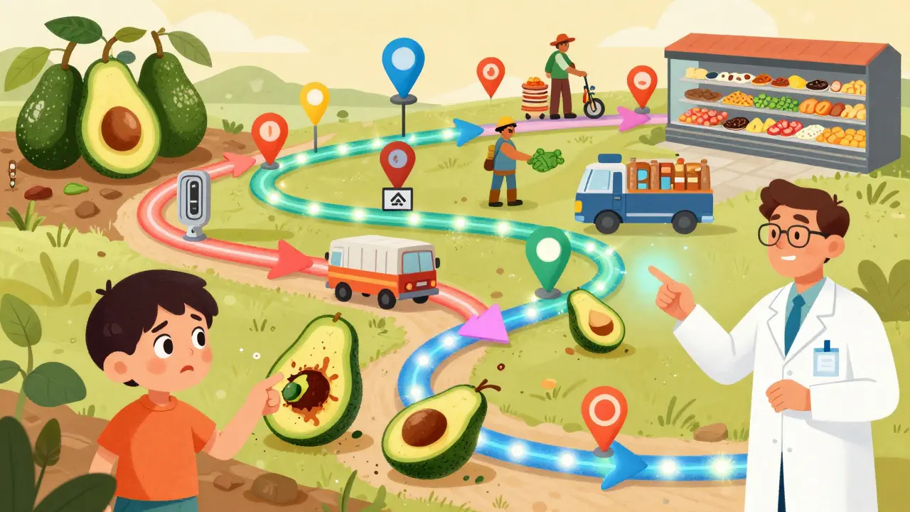 A global food supply chain illustrated as colorful interconnected links from farm to store, with a spoiled avocado and scientist revealing its transit origin.