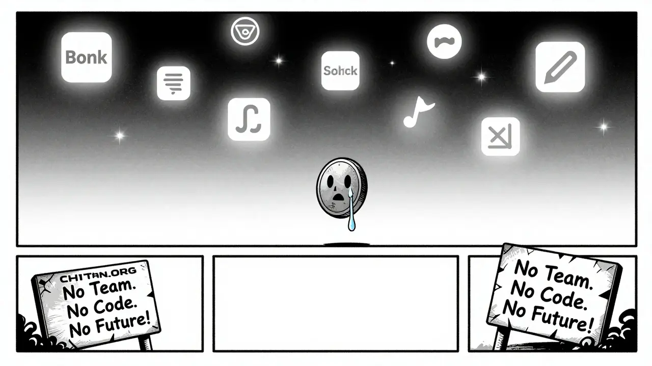 A lone CHITAN token floats alone in a digital void as legitimate Solana tokens shine nearby, with a cracked sign saying 'No Team. No Code. No Future.'