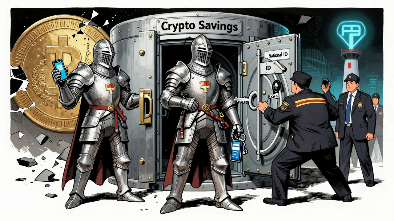 A multi-signature wallet protected by three keys, defending crypto savings from government attempts to seize it.