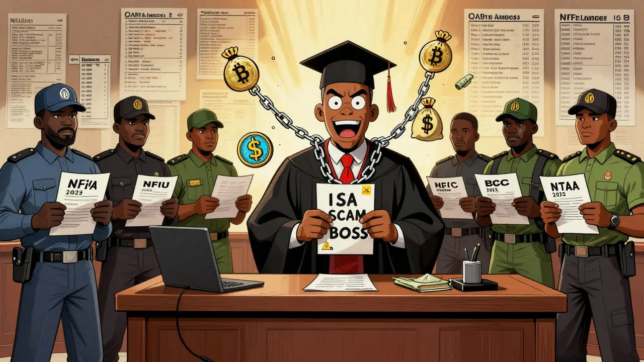 A Nigerian judge oversees a crypto scam trial with regulators standing united behind legal documents.