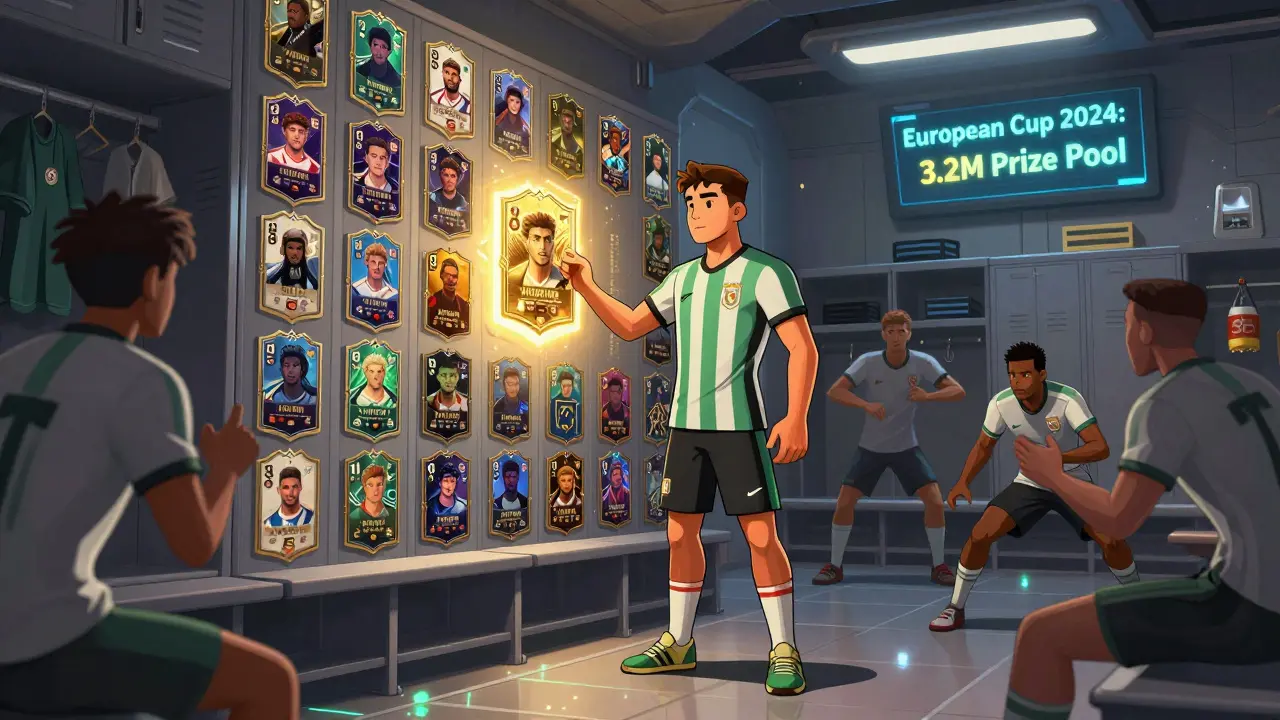 A player displays their new NFT in the TopGoal metaverse locker room with teammates in action.