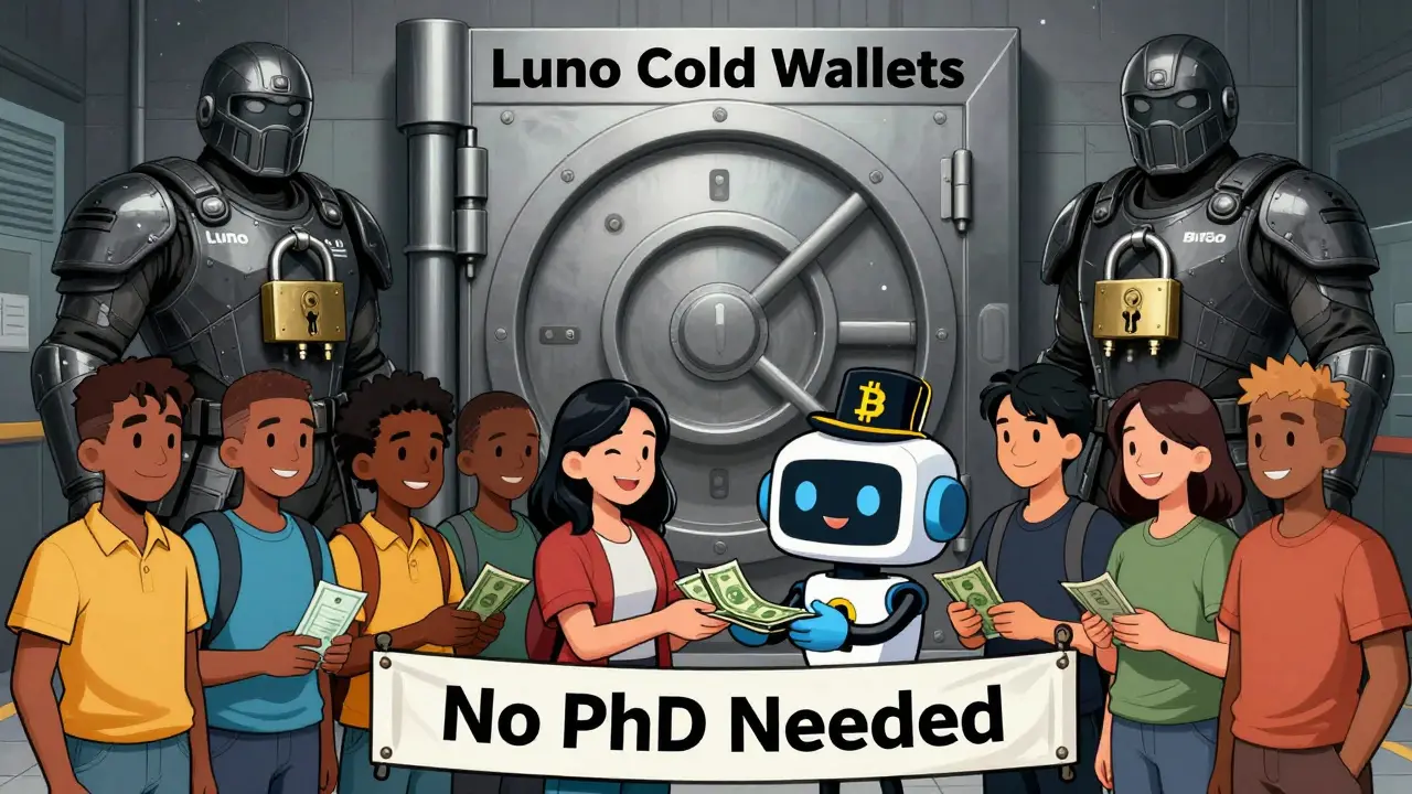 A secure crypto vault guarded by Luno and BitGo, while beginners hand over cash to a friendly Luno robot mascot.