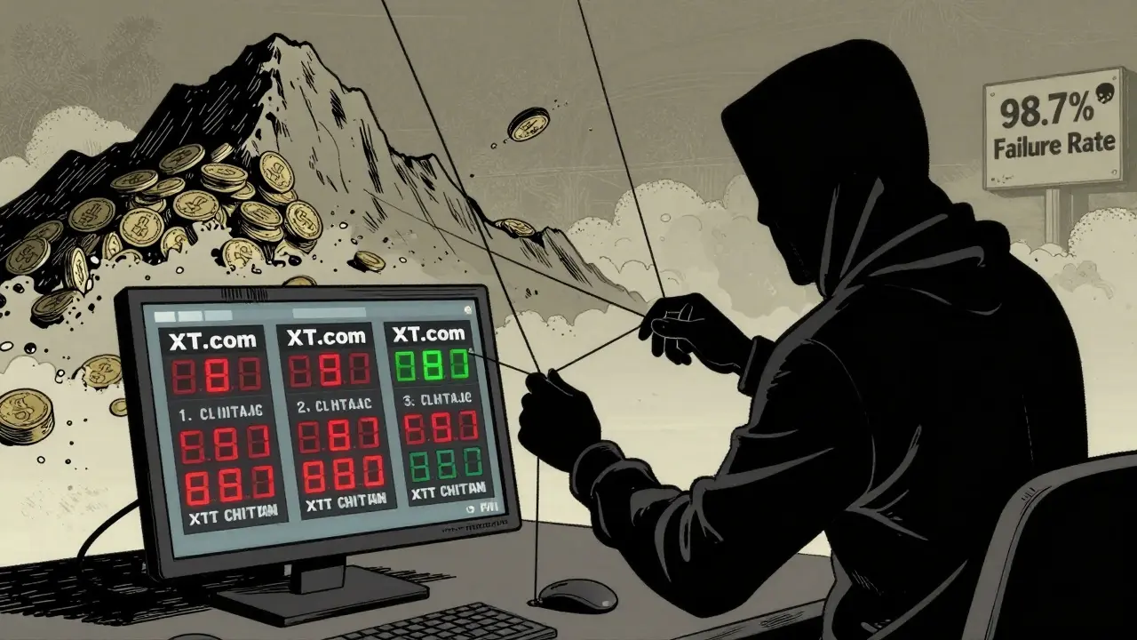 A shadowy figure manipulates fake CHITAN price tickers while worthless tokens crumble, with a warning sign reading '98.7% Failure Rate'.