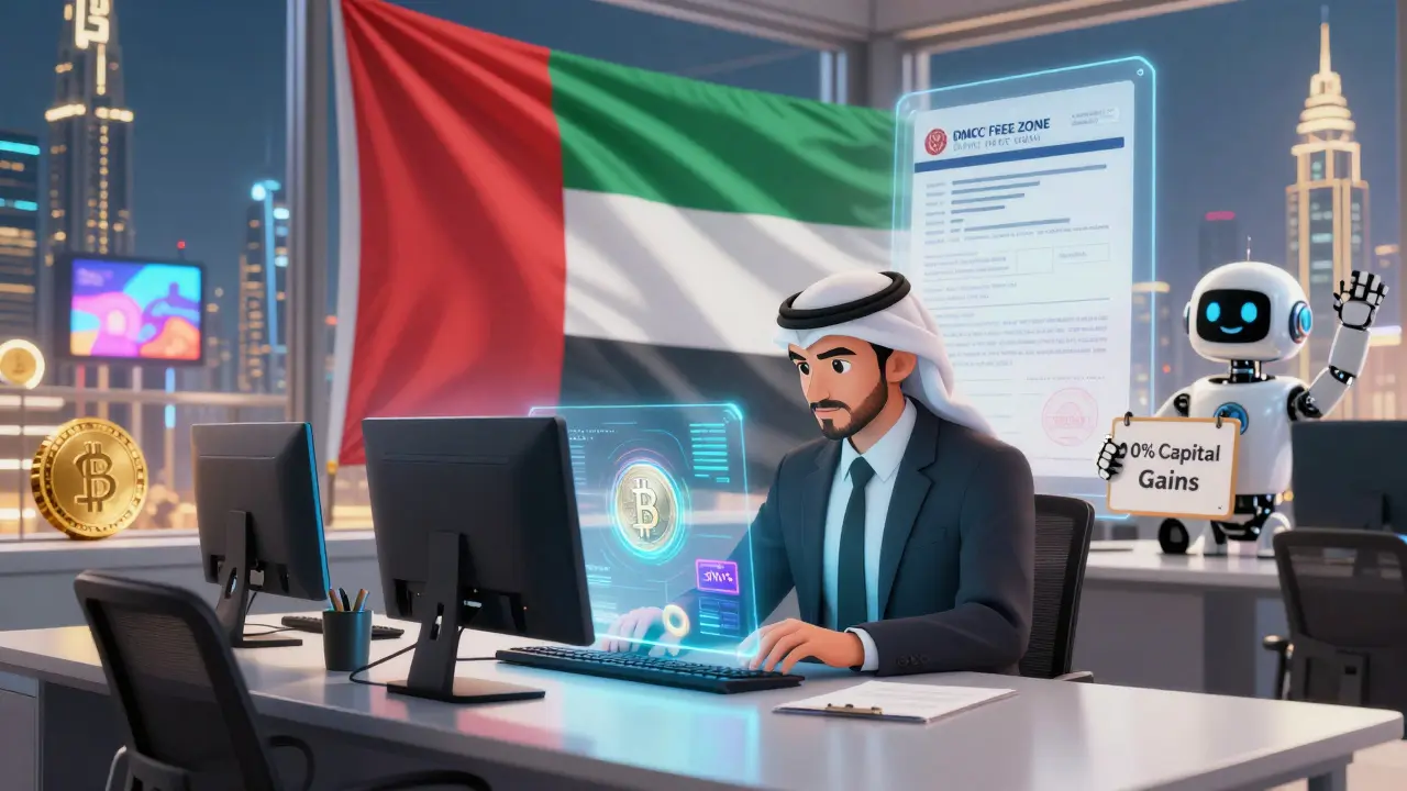 A trader in Dubai works amid floating crypto holograms, with a VARA license and bank confirmation visible in a sleek co-working space.
