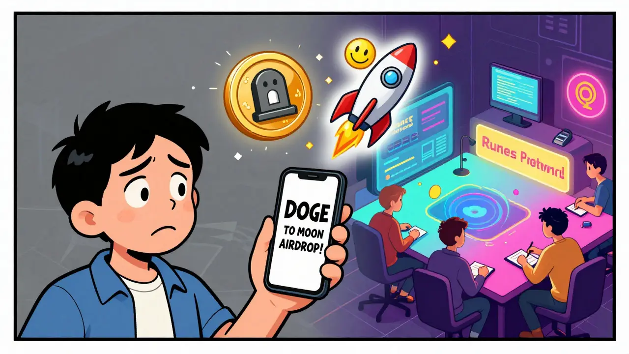 A user confused between two similar tokens: one dead, one thriving with rockets and smiles.