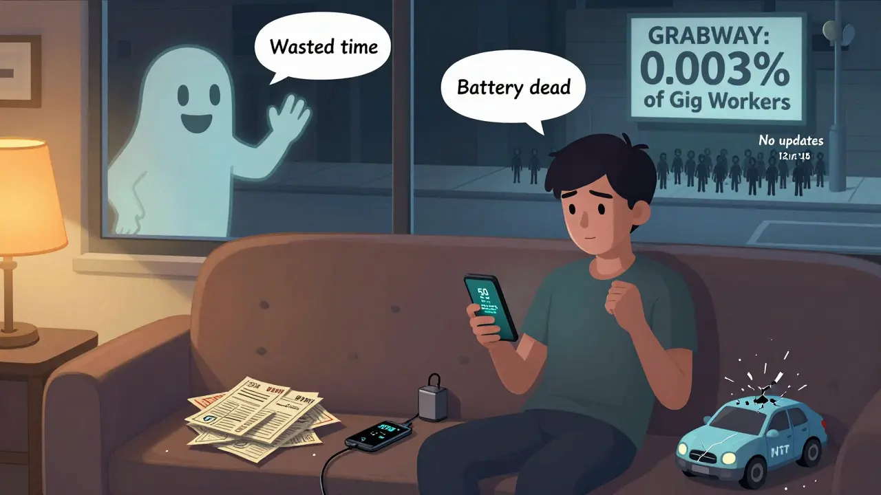 A user stares at a phone demanding  in tokens to withdraw, surrounded by drained battery, unpaid bills, and a sign showing minimal user adoption.