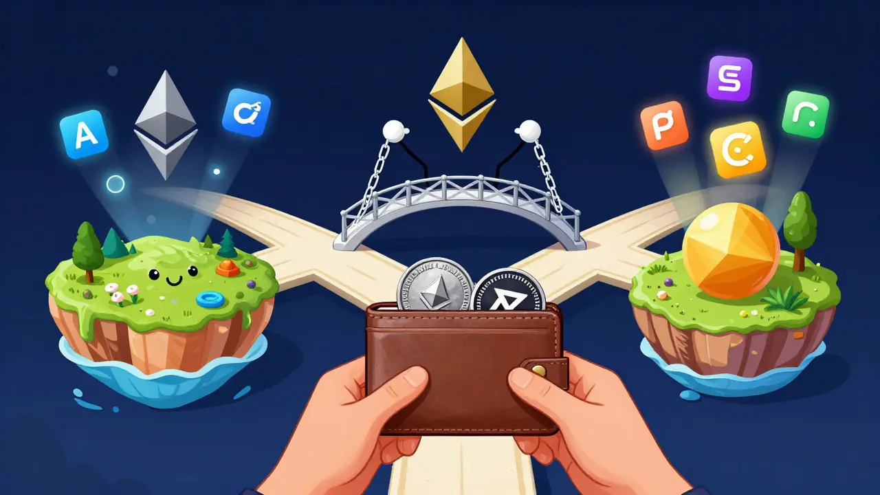 A user transferring crypto tokens across three blockchain islands via a friendly bridge character connecting DeFi ecosystems.