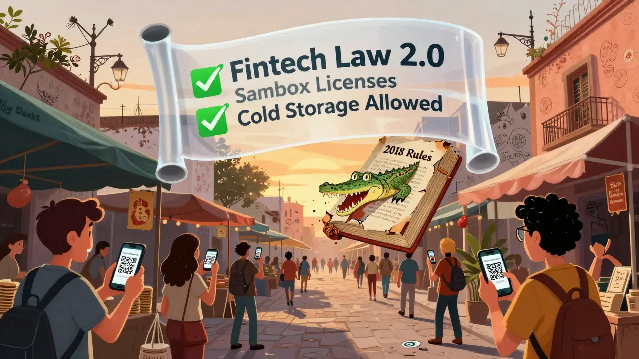 A vibrant street market trades crypto via QR codes under a new law scroll, while old regulations decay below.