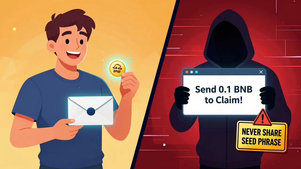 A winner receives SPAT tokens safely on the left, while a scammer tries to trick someone on the right with a fake claim prompt.