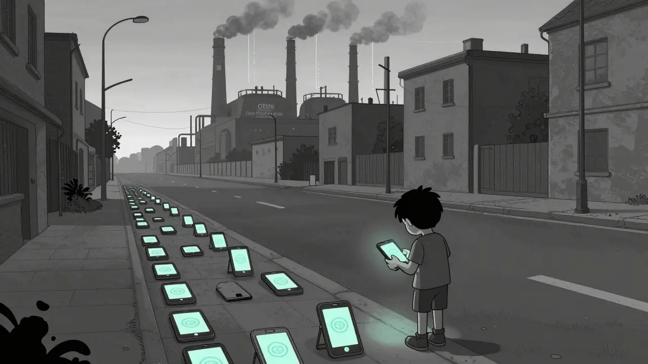 Abandoned smartphones in an empty street, each glowing with a dormant GEO token.