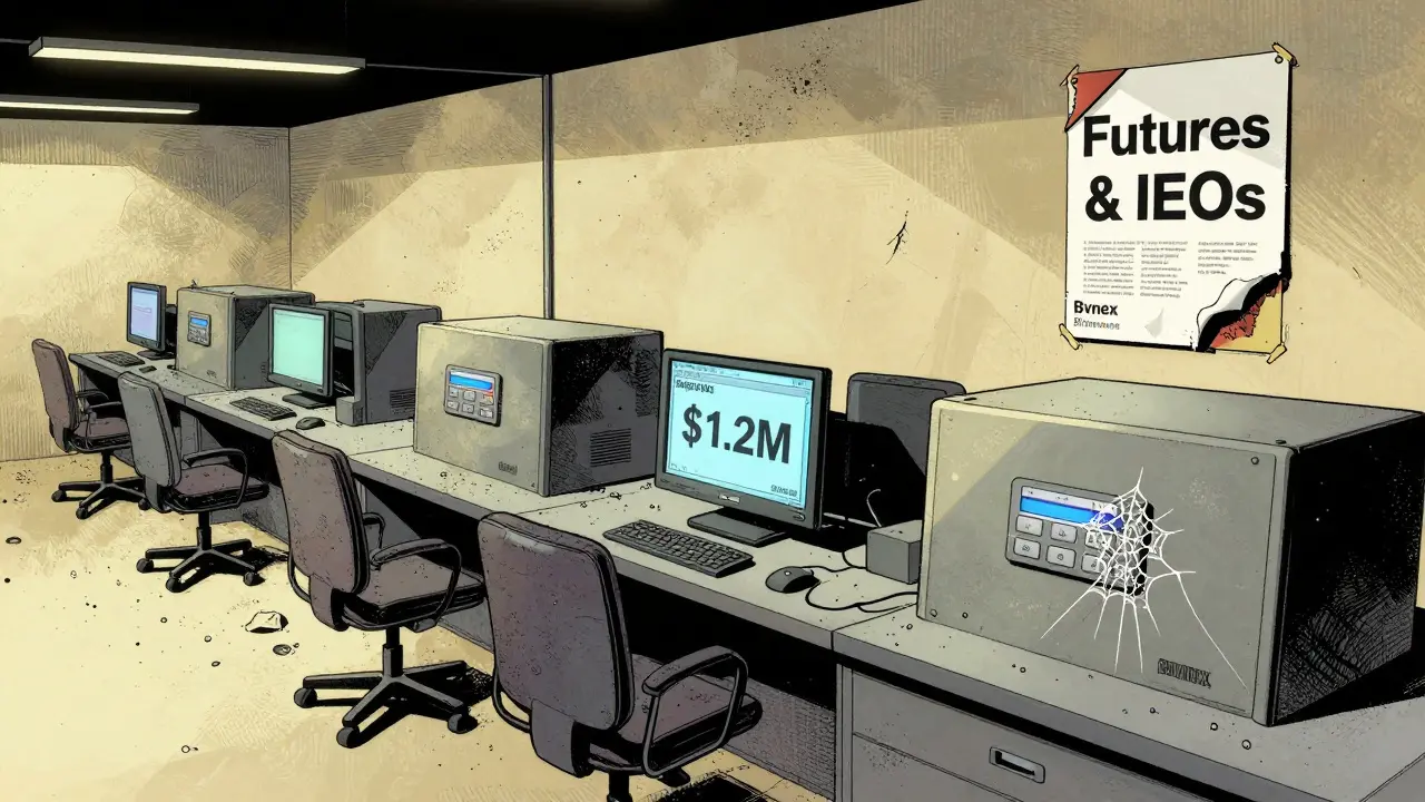 An abandoned Bvnex trading floor with dusty terminals and a dying monitor showing collapsed volume.