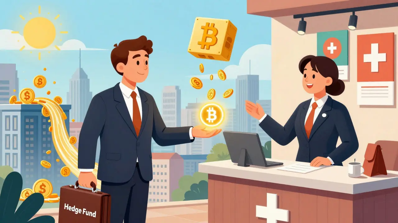 An institutional investor entrusting crypto assets to a Swiss bank teller, with blockchain transactions flowing into bank towers.