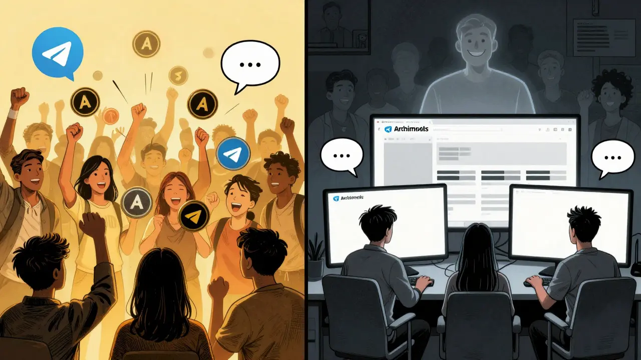 Contrasting scenes: excited users celebrating versus silent, empty screens showing a dead DeFi dashboard.
