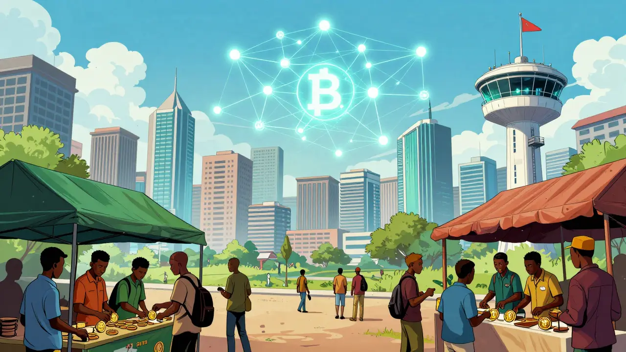 Futuristic Nigerian city with blockchain networks and crypto transactions