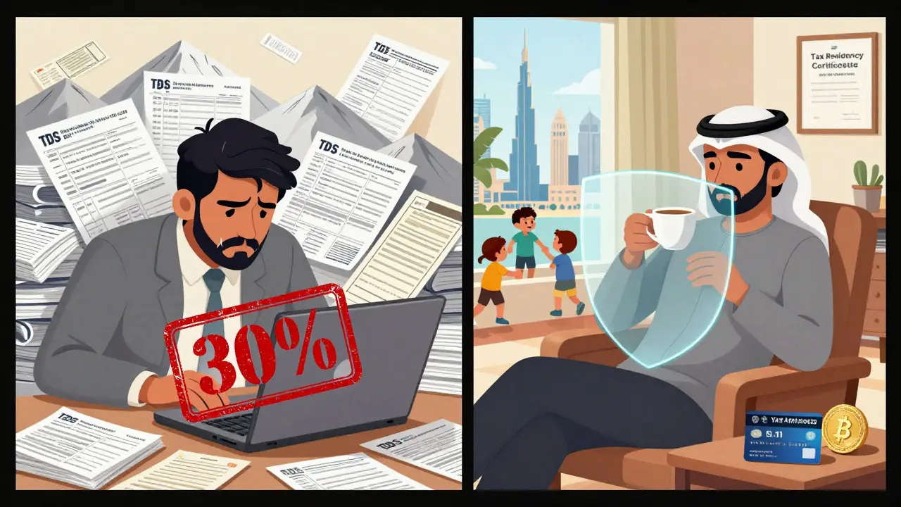Left: A trader crushed by tax forms. Right: The same person relaxed in Dubai, protected by a tax shield and residency documents.