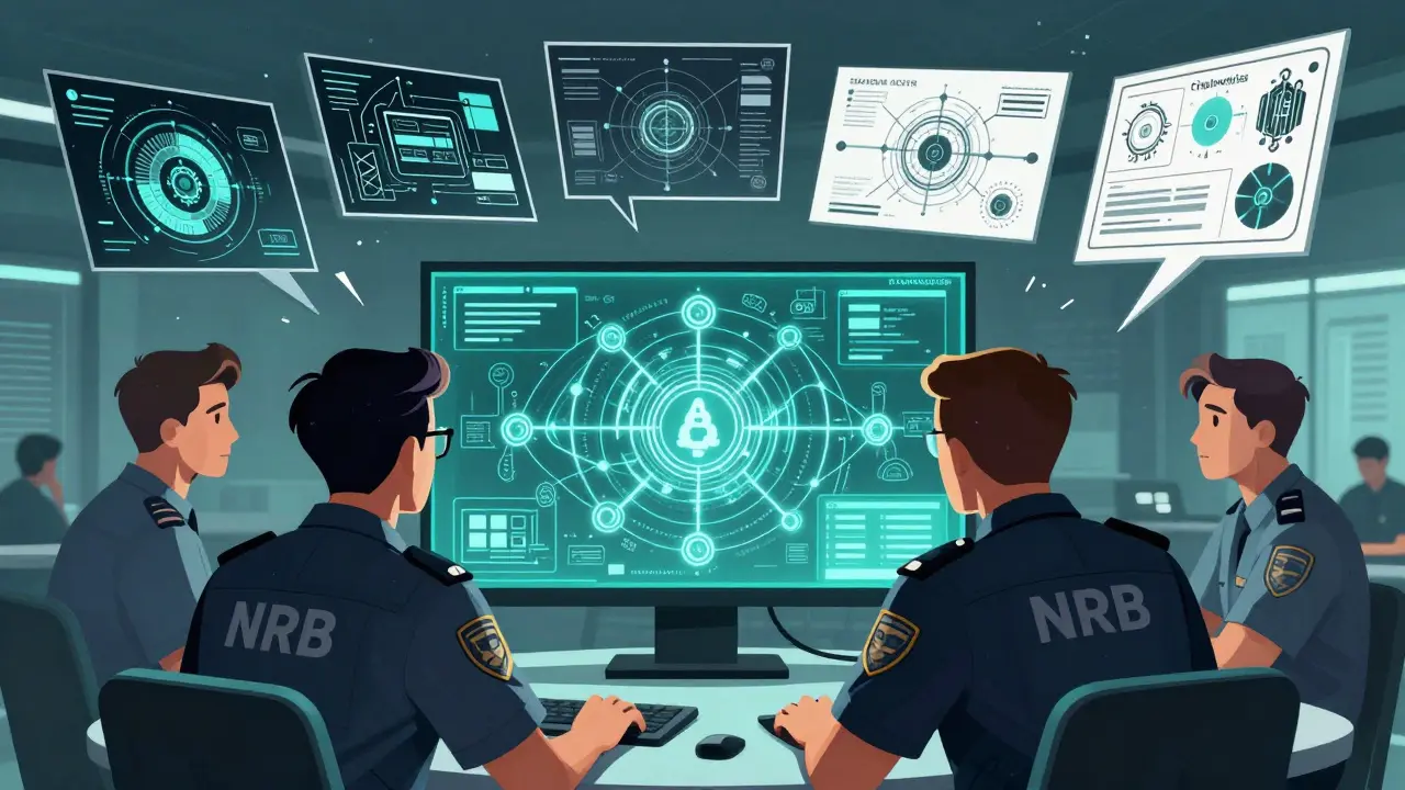 NRB officers examining blockchain diagram during training session.