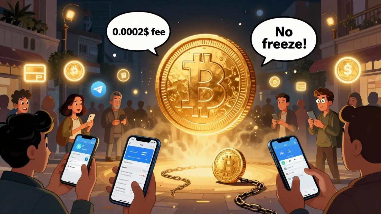 People in Tehran trading DAI on Polygon via Telegram, while USDT is shown frozen and powerless.