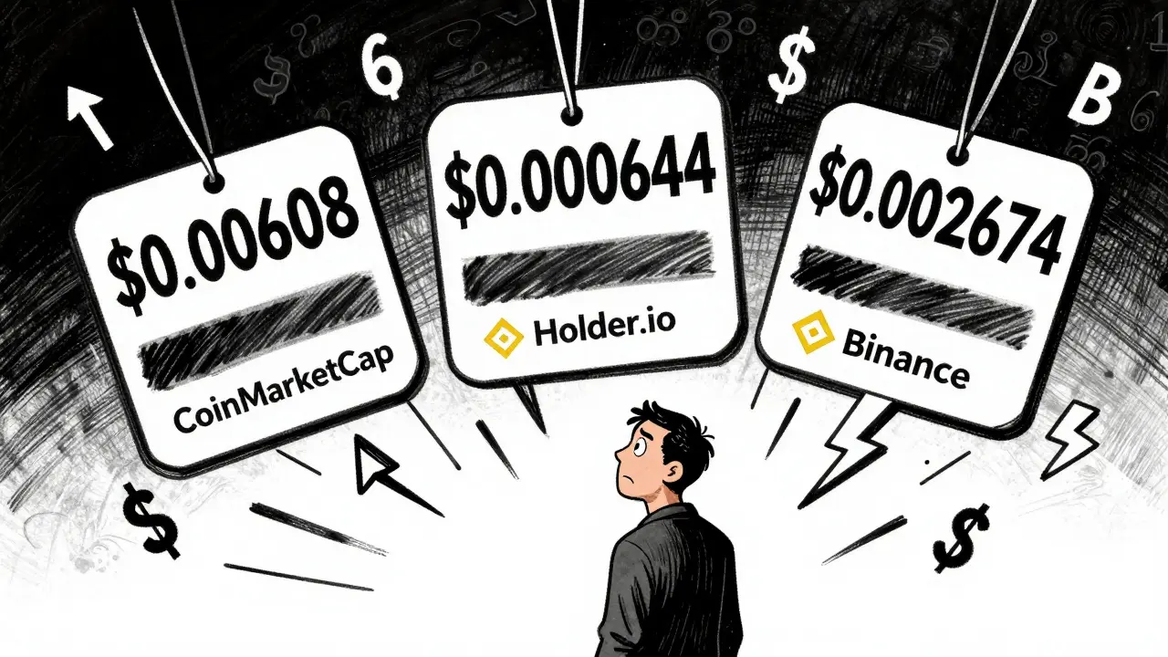 Three conflicting price tags hover over distorted exchange screens, while a confused investor stares at the chaos of numbers.