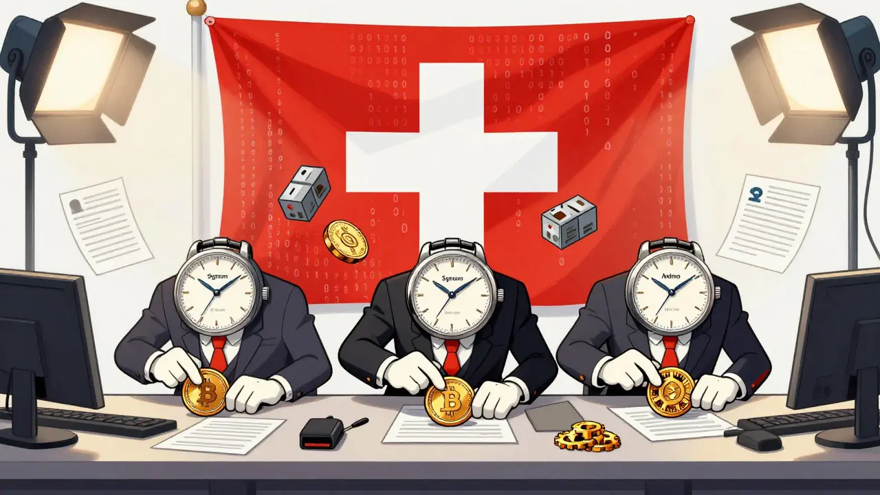 Three Swiss bank figures as watchmakers crafting SUI, USDC, and DOT tokens on a precision workbench.