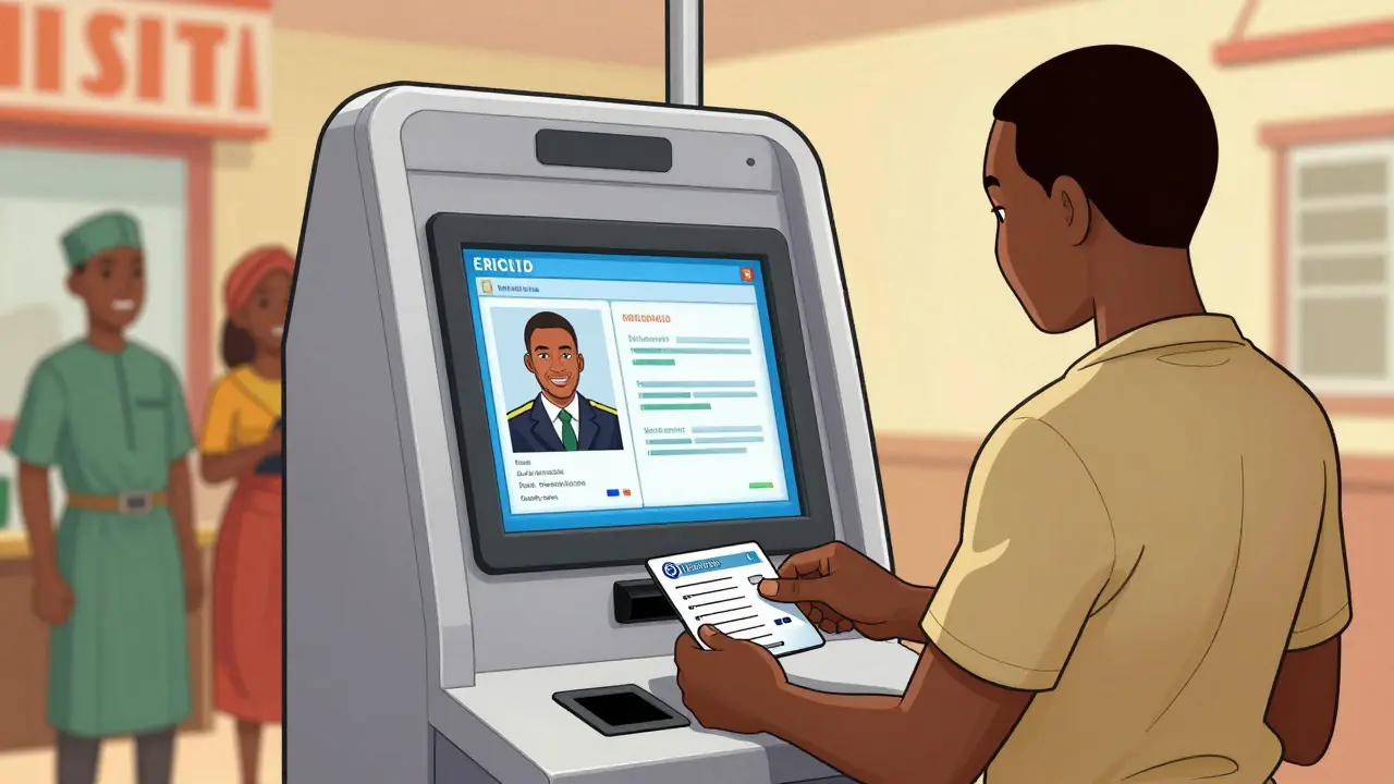 User verifying ID at exchange kiosk with SEC regulator checking data