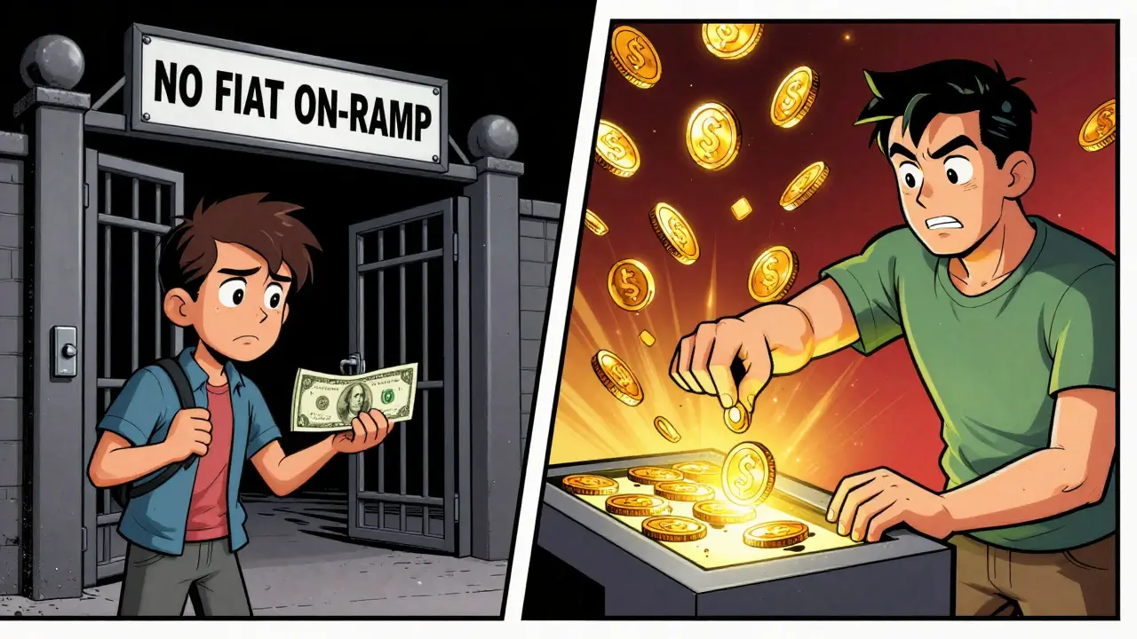 A beginner unable to use USD versus an expert activating a supernode with COINS tokens, in a comic-style split scene.