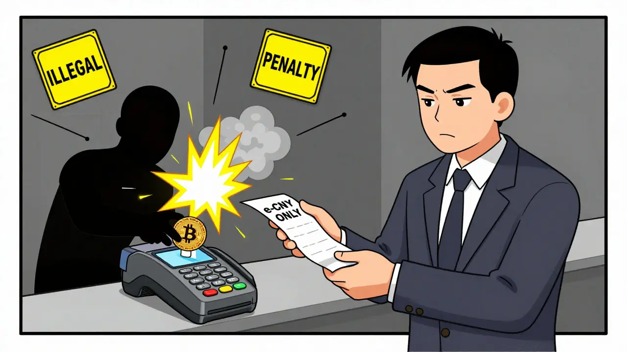 A business owner offers e-CNY payment as a Bitcoin tries to enter a terminal that explodes.